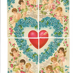 Four Victoran postcards whith cupids and flowers when joined together make a Valentine