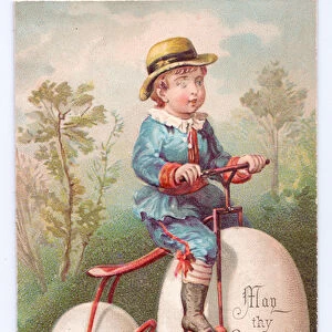 A Victorian Birthday card of a boy riding a bicycle with eggs for wheels, c
