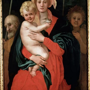 Vierge a l enfant avec Saint Joseph et Saint Jean Baptiste (Madonna and Child with Saint Joseph and John the Baptist). Le Christ tient un oiseau dans la main. Peinture de Jacopo (Iacopo) Carrucci dit il Pontormo (Pontorme) (1494-1557), vers 1520
