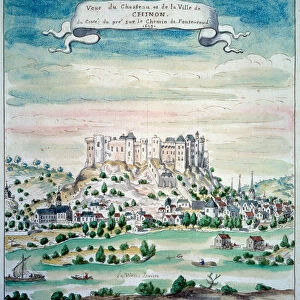 View of the Chateau de Chinon Watercolour from the French school. 1699 Paris, B. N
