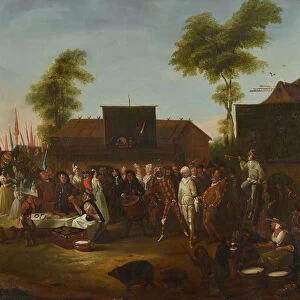 A village carnival with figures of the Commedia dell Arte (oil on canvas)