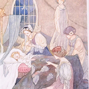 She went to her room, where slept her son George, guarded by waiting women (colour litho)