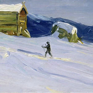 Winter evening in Vaga with skier (oil on canvas)