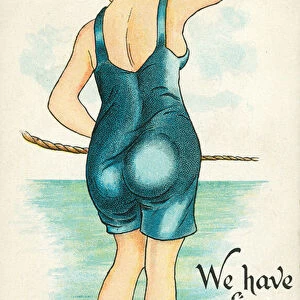 Woman in a bathing costume: saucy seaside postcard (chromolitho)