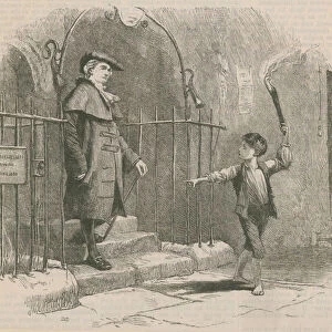Young boy leading a gentleman by torch light (engraving)
