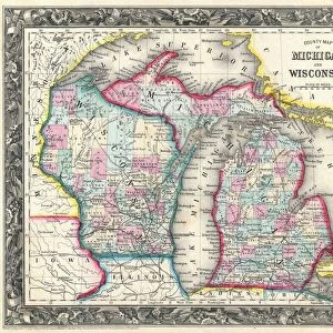 1860, Mitchell Map of Michigan and Wisconsin, first edition, topography, cartography