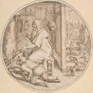 December Old Man Seated Hearth Young Blowing