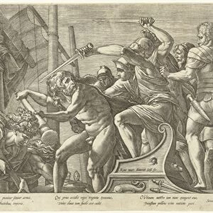 Hercules fights with Geryoneus (?), print maker: Hendrick Goltzius, Francesco Primaticcio