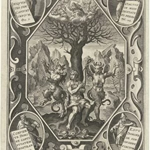 A young man is chained to a tree by two devils, Cornelis Galle I, Karel van Mallery, c