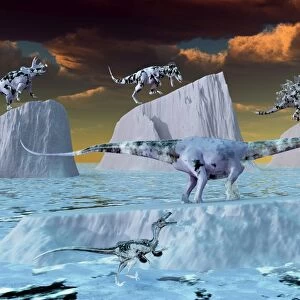 Artists concept depicting dinosaurs frozen in ice during an imaginary prehistoric