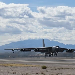 A B-52 Stratofortress takes off from Nellis Air Force Base