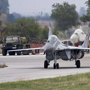 A Bulgarian Air Force MiG-29 taxiing at Graf Ignatievo Air Base, Bulgaria