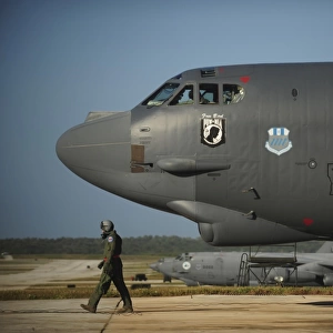 A U. S. Air Force aircrew prepares a B-52 Stratofortress aircraft for a mission