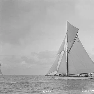 The 12 Metre gaff rigged Cyra, 1922. Creator: Kirk & Sons of Cowes
