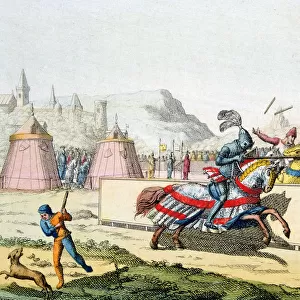 Armoured knights jousting at a tournament, 12th century, c1820