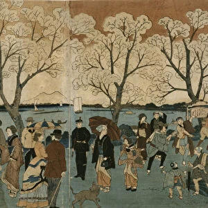Cherry blossoms in full bloom along Sumida River. (Bokusui tsutsumi hanazakari no zu) by Hiroshige, Utagawa (1797-1858)
