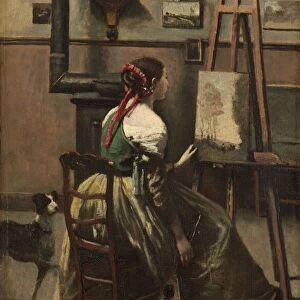 Corots Studio: Woman Seated Before an Easel, a Mandolin in her Hand, c. 1868