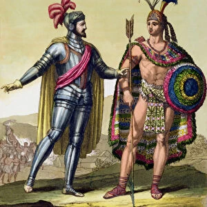 The encounter between Hernando Cortes and Montezuma II, Mexico, 1519 (c1820-1839)