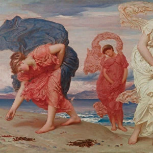 Greek girls picking up pebbles by the sea