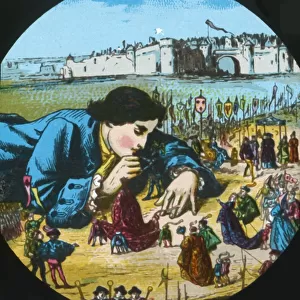 Gulliver is granted his freedom, lantern slide, late 19th century. Creator: Unknown