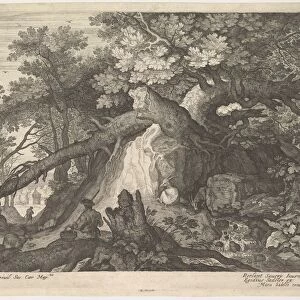 A man holding a staff and seated on a tree trunk; with two goats to either side; surro