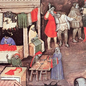 Merchants of fabrics and textiles in a market, Miniature in the Statuto delle Corporazione