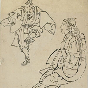 Old woman seated on bench before whom a man with fan dances, late 18th-early 19th century