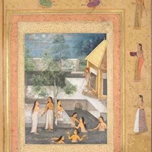 Page from the Late Shah Jahan Album: Harem Night-Bathing Scene, c. 1653. Creator: Unknown