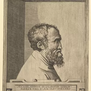 Portrait of Michelangelo in profile facing right set within a recess, 1545