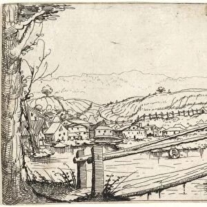 River Landscape with a Footbridge, 1546. Creator: Augustin Hirschvogel