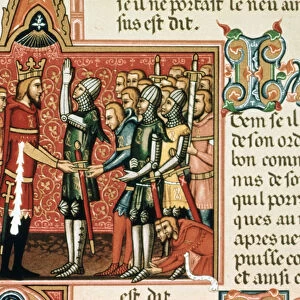 Roldan promising loyalty to Charlemagne, miniature in a page of the manuscript of