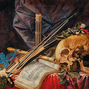 Vanitas still life with viola, clarinet, skull, scores and candle