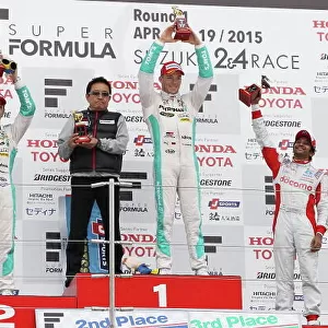 2015 Super Formula Series. Suzuka, Japan. 18th - 19th April 2015. Rd 1. Winner Andre Lotterer ( #2 PETRONAS TOM'S SF14 ) 2nd position Kazuki Nakajima ( #1 PETRONAS TOM'S SF14 ) 3rd position Narain Karthikeyan ( #41 DOCOMO DANDELION M41Y SF14)