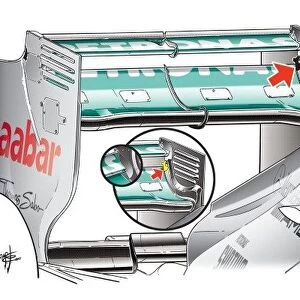 Mercedes W03 rear wing double DRS, arrow shows hole in rear wing endplate that is exposed when DRS i