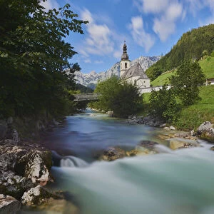 Church St Sebastian with Ramsauer Ache, Nationalpark Berchtesgadener Land, Ramsau, Bavaria, Germany