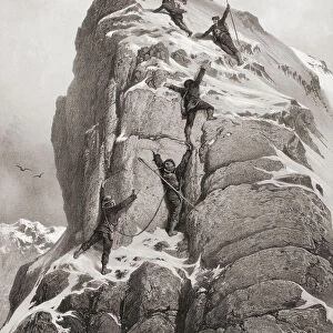 The first ascent of the Matterhorn, made by Edward Whymper, Lord Francis Douglas, Charles Hudson, Douglas Hadow, Michel Croz, with two Zermatt guides, Peter Taugwalder and his son of the same name, on 14 July 1865. After an engraving by Gustave Dore