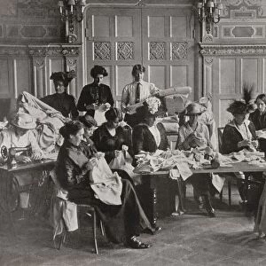 A Ladies Red Cross Sewing Meeting In Claridges Hotel, Making Woollen Shirts For The War Effort During World War I. From The Illustrated War News, 1914