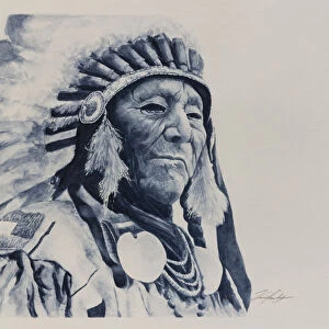 Monochromatic watercolour of Aboriginal elder with headdress