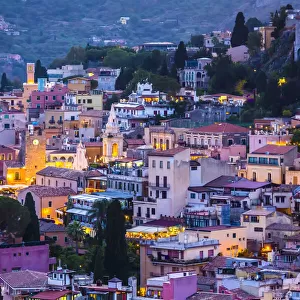 Overview of Taormina at Dusk, Sicily, Italy