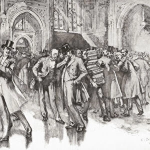 A Scene In The Members Lobby, Palace Of Westminster, London. Parliament Of The United Kingdom, After A Lively Debate, In The Early Twentieth Century. From The Century Illustrated Monthly Magazine, May To October 1904