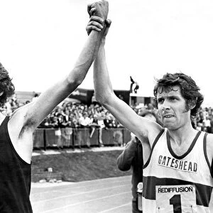 Brendan Foster holds up Rod Dixons arm after a race in Gateshead in July 1975