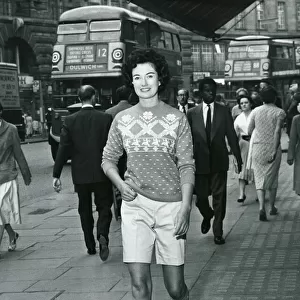 Fashion 1950s Model wearing shorts and a wool jumper
