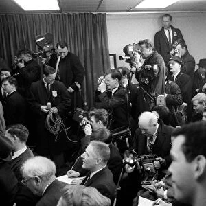 Photographers and press men gathered for the Beatles press conference in New York after