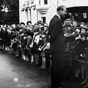 Prince Philip speaking to wolf cubs in Kirkcudbright in Scotland after he had attended St