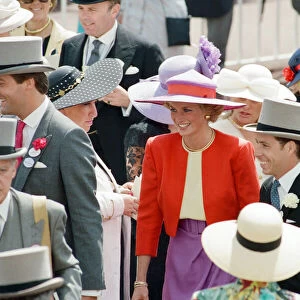 Princess Diana, Harry Herbert and Viscount Linley in the royal enclosure at the first day