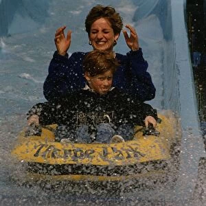 Princess Diana and Prince Harry on a water slide ride in Thorpe Park amusement park