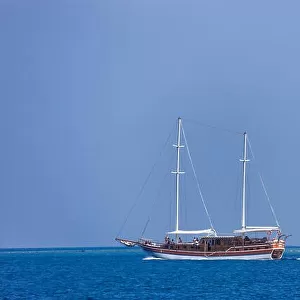 A ship with the sails down on the sea horizon