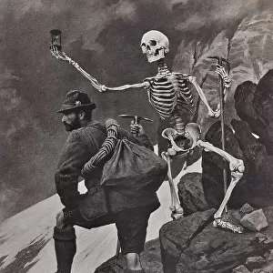 The image shows a painting representing an alpinist, collocated on the top of a mountain and flanked by the allegory of the death. Death is represented by a skeleton with a clepsydra, on the right hand, and an axe, on the left one