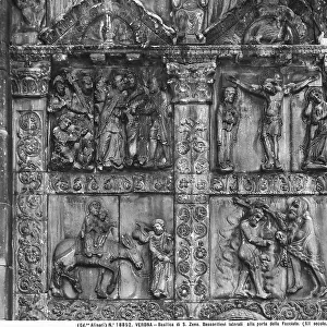 Detail of the panels of the Life of Christ, work of Maestro Niccolo, on the facade of the Basilica of San Zeno, Verona