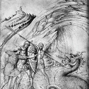 Three soldiers killing a dragon. Drawing by Jacopo Bellini, in the British Museum in London